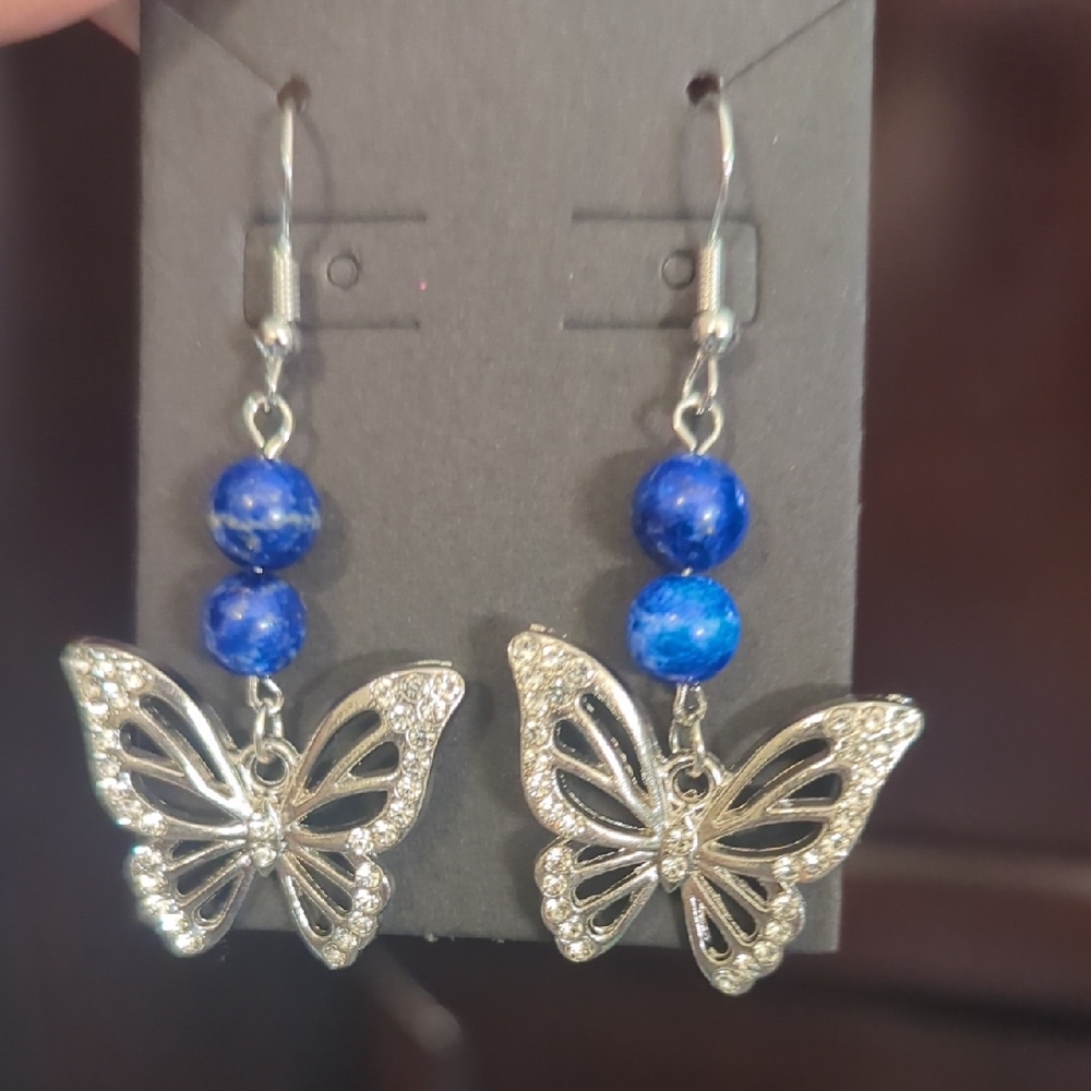 Lapis Lazuli And Cubic Zirconia Butterfly Earrings Hypoallergenic 2 Inches